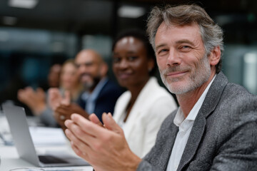 A team of professionals, including a smiling man and a woman, expresses gratitude and joy through applause in response to a successful presentation or collaboration in a meeting.