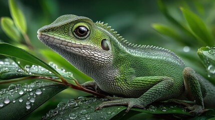 Fototapeta premium Lizard resting on green leaves with dew drops in natural habitat.