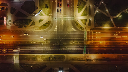 Aerial View of a Nighttime Intersection in Minsk, Belarus