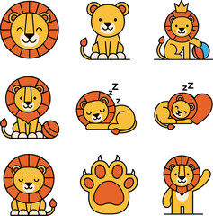 Naklejka premium Cute cartoon lion flat icon set with different poses and emotions. Adorable safari wild animal characters collection including sleeping, playing, and waving king vector graphic illustrations.