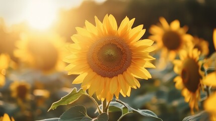 Naklejka premium Sunflowers in a field at sunset