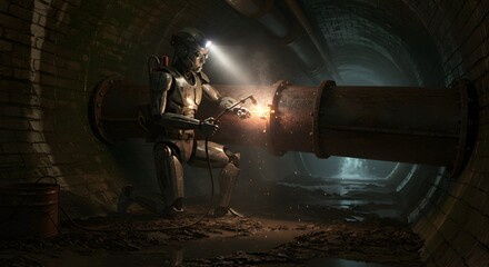Robot Welder Repairing Pipe in Underground Tunnel
