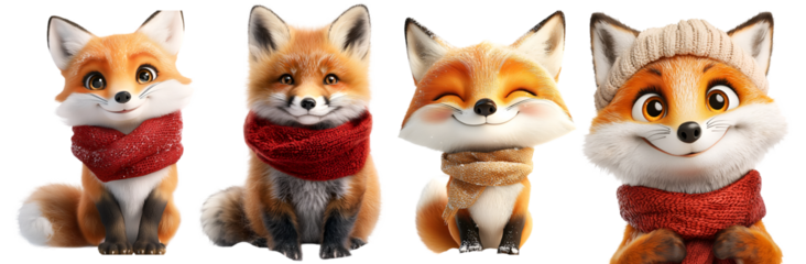 Collection of cute fox characters in warm winter scarves standing together in a row isolated on white background

