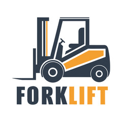 Dark blue and orange forklift graphic with text truck vehicle