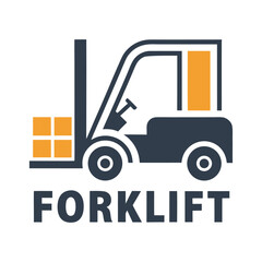 Dark blue and orange forklift icon with word forklift below truck vehicle