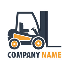 Dark blue and orange forklift graphic with company name text truck vehicle