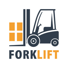 Dark blue and orange forklift truck lifting orange boxes with forklift text below vehicle industrial