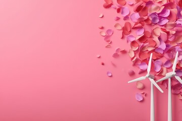 Eco‑Conscious Watercolor Concept. Petals scattered beside wind turbines on a pink background.