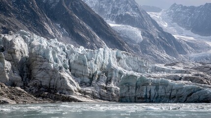 Fototapeta premium Melting glacier with water flowing between icy ridges, climate contrast, monumental beauty and fragility of ice
