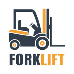 Stylized dark blue and orange forklift truck graphic with text vehicle industrial