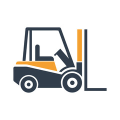 Dark blue and orange forklift truck icon on white background vehicle industrial