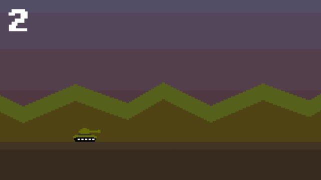 Animation of an 8-bit pixel art game with a tank moving and shooting at enemies with a game over at the end, art, vintage.