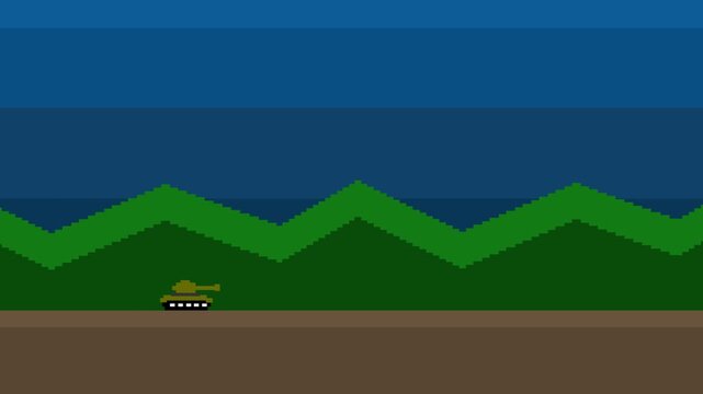 Animation of an 8-bit pixel art game with a tank moving and shooting at enemies, art, vintage.