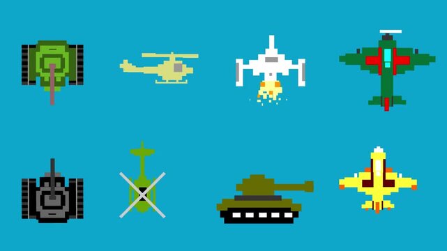 Animation of various military vehicles moving on a blue background, tank, plane, helicopter.