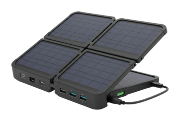 Solar power bank charging devices outdoor adventures technology innovation portable energy natural environment elevated perspective. Cut out png