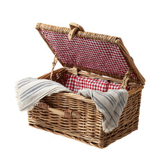 Obraz premium Wicker picnic basket with red checkered lining and folded blankets isolated on transparent background