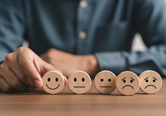 Person arranging wooden blocks with different facial expressions showing emotions