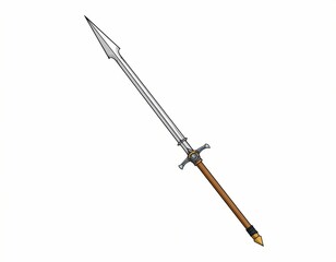 Naklejka premium A sword with a spear-like tip, featuring a long, slender blade tapering to a sharp point, with a detailed hilt and metallic finish, set against a dramatic or neutral background.