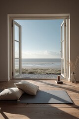 Fototapeta premium Serene Beach View from Room with Pillows and Yoga Mat