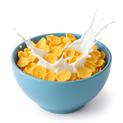 Milk splashing dynamically into a blue bowl filled with crispy cornflakes on white background, concept of breakfast, energy, morning routine, and dairy nutrition