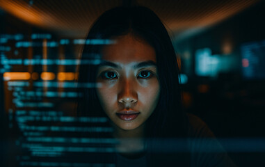 Young Asian female programmer or hacker intently coding on a computer at night, with code reflected on her face.