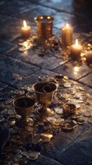 Treasure spill on stone floor, golden goblets, rings and coins scattered, candlelit glow, cinematic historic vibe