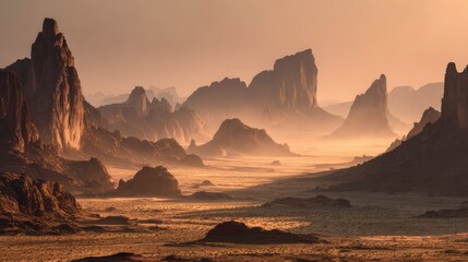 Naklejka premium Vast desert valley with towering rock formations and glowing sunrise haze, endless emptiness