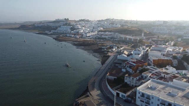 Aerial view of Ayamonte with Rio Guadiana in Spain. High quality 4k footage
