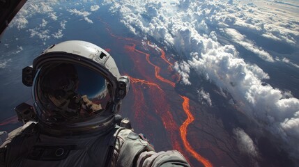 View from space suit helmet, looking down at iridescent volcanic terrain with pulsating rivers of glowing lava