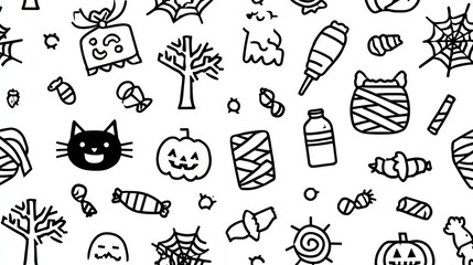 Obraz premium Black and white Halloween-themed icons scattered randomly across a white background