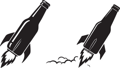 Two beer bottles transformed into rockets launching upwards silhouette
