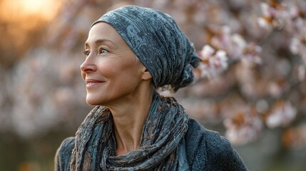Strong cancer survivor woman jogging in spring park wearing headscarf, surrounded by beautiful cherry blossoms. Resilience, hope and overcoming adversity concept.

