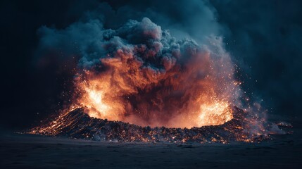 Volcano crater exploding into sky, illuminated smoke plume, sparks and ash in motion, apocalyptic scenery
