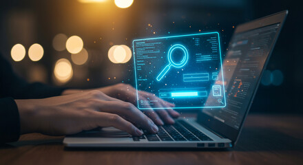 Hands typing on a laptop with a glowing, digital magnifying glass search icon overlaying the screen.