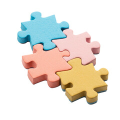 Obraz premium Four colorful puzzle pieces, including blue, pink, orange, and yellow, are perfectly interlocked, symbolizing concepts of connection, teamwork, integration, and problem-solving.