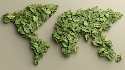 Stunning world map formed entirely from vibrant green leaves, symbolizing nature and global growth