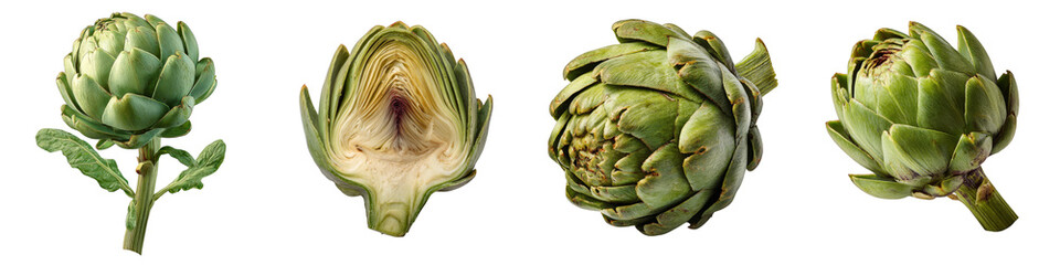 Obraz premium Fresh artichokes whole and cut showcasing textures and colors on transparent background