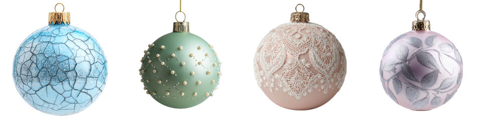 Fototapeta premium Decorative Christmas ornaments in various colors and designs on transparent background