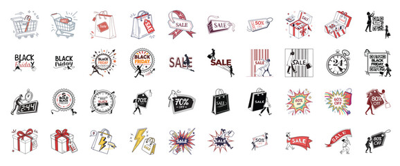 Black Friday Big Sale set. Element pack. Black Friday Related Doodle Illustration. Hand-drawn Black Friday Shopping Icons.