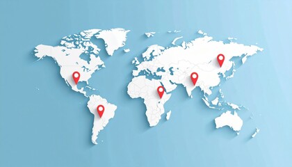 Naklejka premium World map with red location pins on different continents against a light blue background.