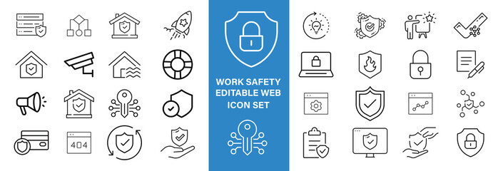 Work Safety editable stroke outline web icons set. Safety first, hazard, protection, health, insurance, regulations, helmet and work. Vector illustration