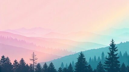 Obraz premium A dreamy landscape of soft pastel-colored mountain layers fading into the horizon with dark pine trees in the foreground.
