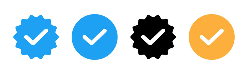 Blue tick verified social media account icons. approved profile sign. black, gold and blue tick in circles and rounded corner star. vector illustration on transparent png background.