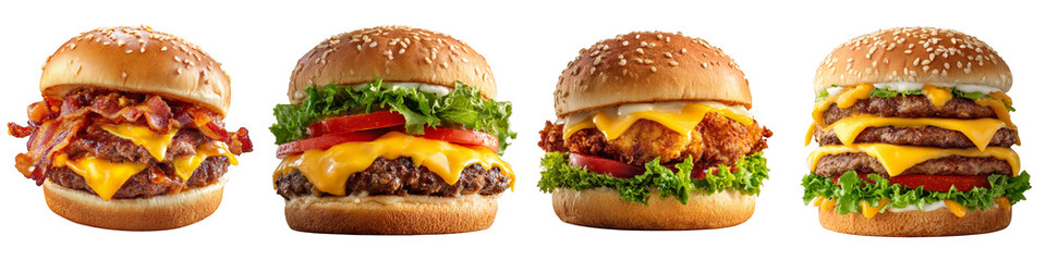Delicious gourmet burgers stacked high with fresh ingredients on transparent background