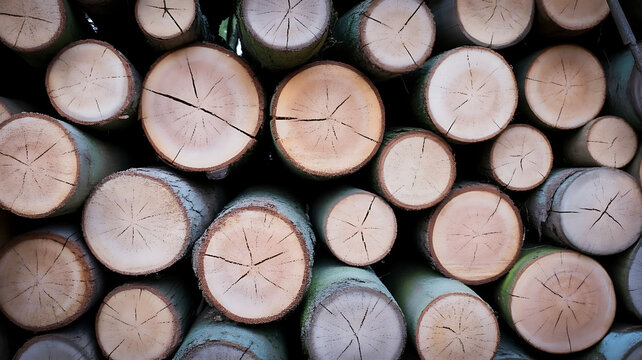 A stacked pile of freshly cut wooden logs, showing the ends and tree rings. - Powered by Adobe