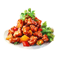 A watercolor painting of Sweet And Sour Pork, vector illustration on white background.