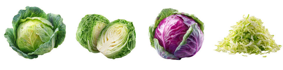 Obraz premium Cabbage heads sliced pieces and shredded on transparent background