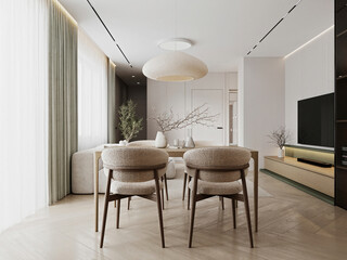 Modern dining area with wooden table, minimalist pendant light, and textured fabric chairs in a neutral-toned interior.