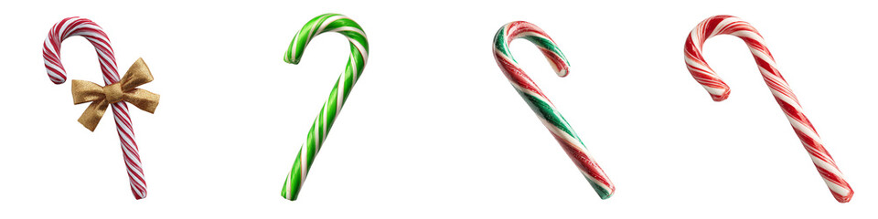 colorful candy canes set with bow and green red stripes on transparent background