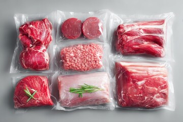Various vacuum-sealed meat cuts are isolated against a solid gray background. Showcasing fresh, preserved meats for culinary or product promotion uses.
